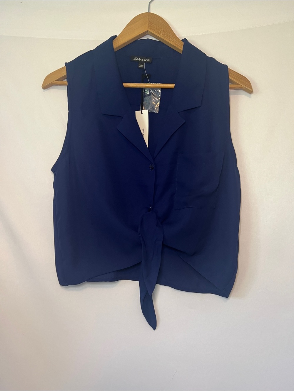 Shinestar Navy Blue V-Neck Tie Front Crop Top NWT Sz L Office Nautical Festival